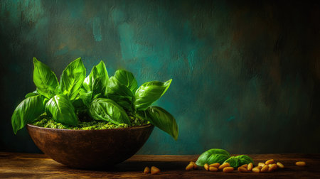 Capture the essence of freshness with this elegant arrangement of vibrant basil leaves and pine nuts, perfect for culinary inspiration and rustic decor.の素材
