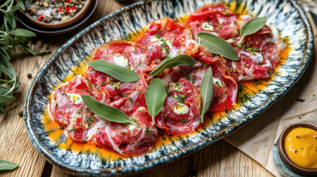 An artistic top view of a beautifully plated saltimbocca dish, showcasing vibrant colors and fresh ingredients on a rustic wooden table. Perfect for food lovers.の素材
