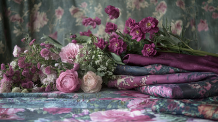 This elegant display features an assortment of assorted flowers alongside beautifully patterned fabrics, creating a romantic and charming atmosphere perfect for decor and photography.の素材
