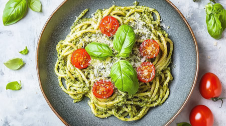 An overhead view of a beautifully styled plate of pasta garnished with basil and cherry tomatoes, perfect for culinary enthusiasts and food lovers.の素材