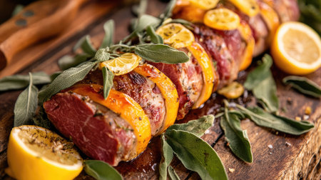 This elegant dish showcases saltimbocca, beautifully presented with citrus slices and fresh herbs. Perfect for gourmet meals and festive gatherings.の素材