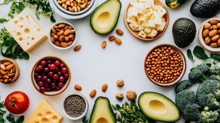 A vibrant overhead shot featuring a colorful assortment of fresh ingredients, including nuts, vegetables, and fruits, perfect for healthy meal inspiration.の素材