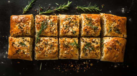 Enjoy this freshly baked focaccia topped with aromatic herbs and spices. A perfect snack or appetizer for gatherings, showcasing a golden and crispy texture.の素材