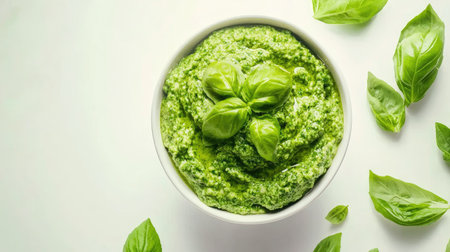 This elegant presentation of green pesto highlights its vibrant color and smooth texture, perfect for culinary uses and garnishing dishes. Ideal for food enthusiasts.の素材