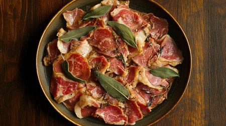 A beautifully arranged plate of fresh meat adorned with aromatic herbs, perfect for gourmet cooking or culinary presentations. Ideal for food lovers!の素材