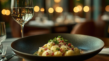 An elegant presentation of canederli pasta in a chic dining setting, accompanied by a glass of wine, showcasing gourmet cooking and delightful flavors.の素材