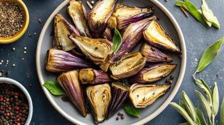 Enjoy a stunning top view of traditional grilled eggplant beautifully plated with fresh herbs. A perfect dish for a healthy Mediterranean meal.の素材