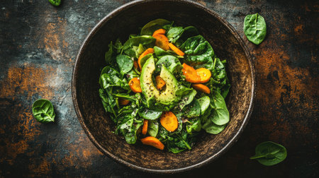 A vibrant overhead shot of a fresh salad bowl featuring spinach, carrots, and avocado, perfect for showcasing healthy eating and nutritious meals.の素材