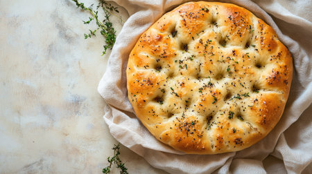 A beautifully baked focaccia bread resting on a soft cloth. This image captures the golden crust and fresh herb toppings, perfect for culinary inspiration.の素材