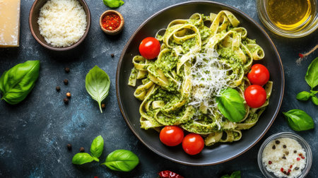 A stunning overhead shot of a vibrant pasta dish featuring fresh basil, tomatoes, and pesto, perfect for showcasing culinary art and gourmet cuisine.の素材