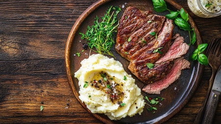 A beautifully arranged plate featuring succulent steak paired with creamy mashed potatoes, garnished with fresh herbs, ideal for food enthusiasts and culinary presentations.の素材