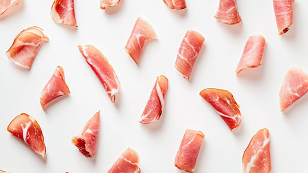 Discover the beauty of delicate prosciutto slices artfully arranged on a clean white background, perfect for showcasing culinary creativity and gourmet experiences.の素材