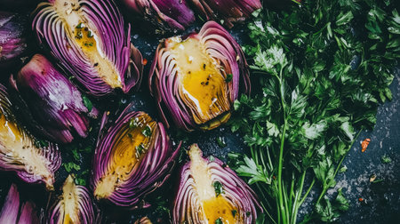 An overhead shot showcasing beautifully prepared Roman-style artichokes with vibrant purple hues, complemented by fresh herbs, perfect for culinary inspiration.の素材