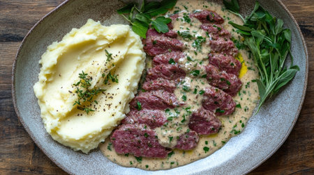 A beautifully plated saltimbocca alla romana with creamy sauce, paired with buttery mashed potatoes and fresh herbs. Ideal for culinary enthusiasts.の素材