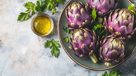 This overhead shot showcases fresh carciofi alla Romana, highlighting vibrant purple artichokes arranged beautifully with herbs and olive oil. Perfect for culinary inspiration.の素材