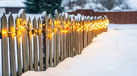 Bright Christmas lights outline a wooden fence covered in snow, creating a warm, festive atmosphere perfect for the winter season. Ideal for holiday themes.の素材