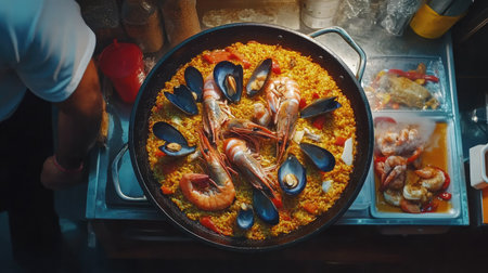 Capture the essence of a vibrant and flavorful seafood dish with this colorful overhead shot of a big pan filled with shrimp, mussels, and rice, perfect for culinary showcases.の素材