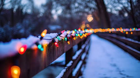 A serene winter scene featuring colorful Christmas lights strung along snowy rails. The vibrant decorations create a warm and festive atmosphere.の素材