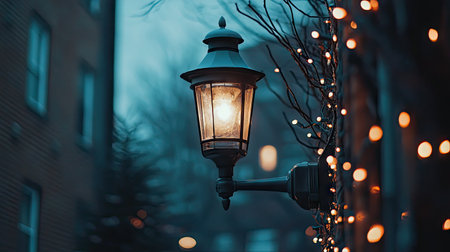 A charming vintage lamp post surrounded by glowing Christmas lights, creating a warm and inviting atmosphere. Perfect for holiday-themed projects.の素材