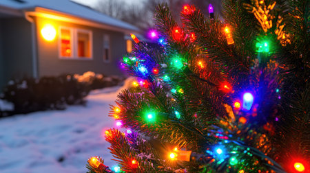 A close-up view of colorful lights decorating a winter tree, showcasing a vibrant atmosphere against a snowy backdrop, evoking holiday cheer and warmth.の素材