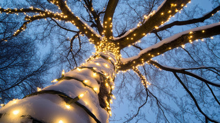 A beautifully lit tree covered in snow, adorned with warm Christmas lights under a twilight blue sky, creating a serene and festive winter ambiance.の素材