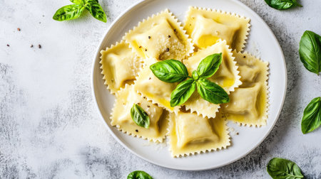 Indulge in freshly cooked ravioli tossed in rich butter, garnished with basil. This exquisite dish is perfect for any culinary enthusiast or dining occasion.の素材