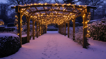A serene garden pathway draped in warm fairy lights creates an enchanting atmosphere amidst the winter snow, inviting tranquility and beauty.の素材