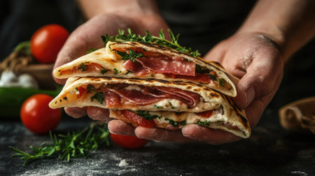 Hands present a stack of traditional Italian flatbread loaded with fresh ingredients, showcasing a delightful culinary experience perfect for sharing.の素材