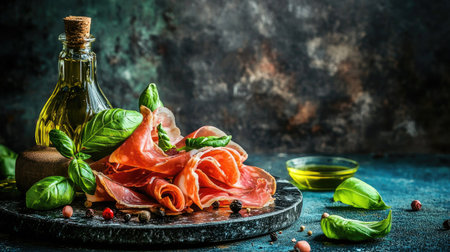 Discover fresh slices of prosciutto beautifully arranged with basil leaves and olive oil. A perfect choice for gourmet dishes and appetizers.の素材