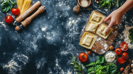 A beautiful display of homemade spinach and ricotta ravioli on a wooden board, surrounded by fresh ingredients, illustrating the art of cooking.の素材