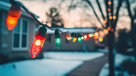Delight in the charm of colorful Christmas lights hanging outdoors, casting a warm glow against the serene winter backdrop at dusk. Perfect for festive themes.の素材