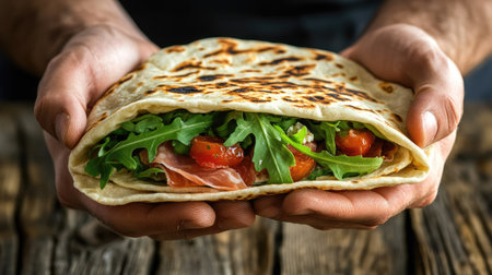 Two hands hold a freshly made piadina filled with vegetables and ham. The rustic wooden table enhances the homemade appeal of this delicious flatbread snack.の素材