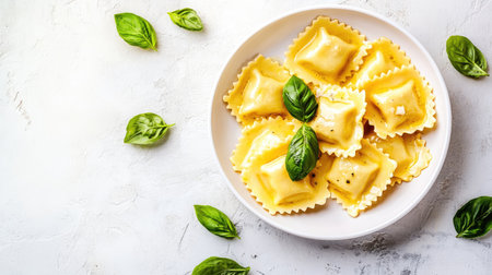 Indulge in this freshly cooked ravioli tossed in butter, garnished with vibrant basil leaves. A perfect dish for pasta lovers seeking comfort and flavor.の素材