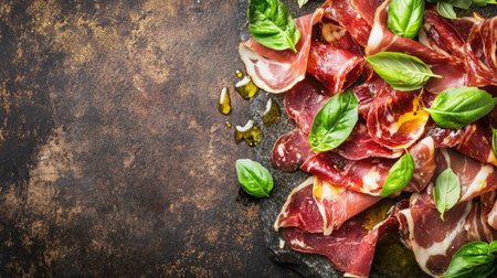 Close-up image of savory prosciutto di Parma slices garnished with fresh basil leaves, perfect for gourmet dishes or rustic appetizers. Ideal for food lovers.の素材