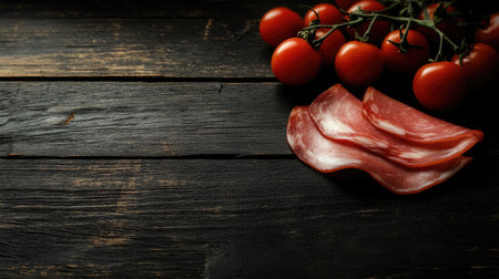 Indulge in a gourmet presentation of serrano slices paired with vibrant cherry tomatoes on a rustic wooden surface, showcasing freshness and texture.の素材