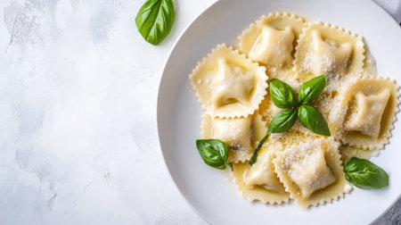 Enjoy a delicious plate of freshly cooked ravioli tossed in butter, garnished with vibrant basil leaves for a delightful culinary experience.の素材