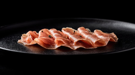 Discover beautiful slices of prosciutto di Parma elegantly arranged on a black plate. Perfect for gourmet dining or culinary presentations, this image captures the essence of Italian delicacy.の素材