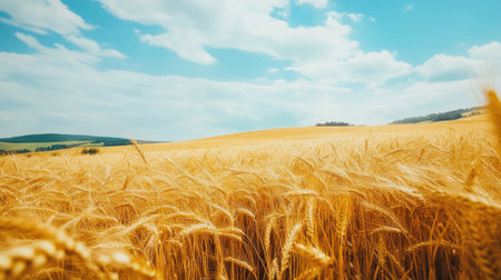 A stunning view of golden fields under a bright blue sky, capturing the essence of rural serenity and the beauty of nature during harvest season.の素材
