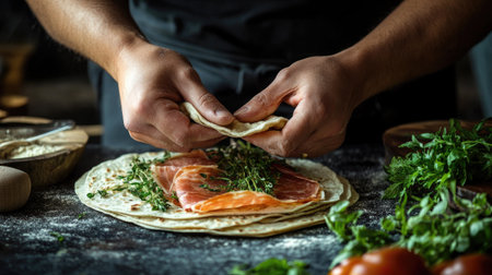 Hands skillfully prepare a traditional Italian dish, showcasing fresh ingredients and herbs, perfect for a gourmet meal or summer picnic experience.の素材