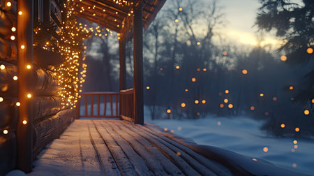 A cozy wooden cabin adorned with golden lights, creating a warm and inviting atmosphere during a tranquil winter evening. Perfect for holiday-themed visuals.の素材