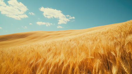 Experience the serene beauty of golden rolling hills under a bright blue sky, showcasing vibrant fields and a peaceful rural landscape. Perfect for nature lovers.の素材