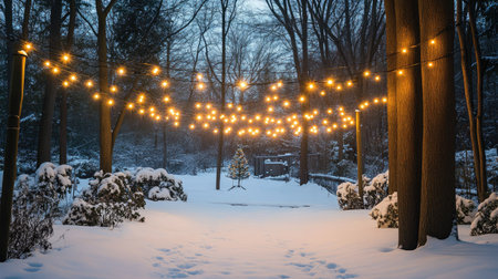A tranquil winter scene featuring hanging string lights illuminating a snowy outdoor space. Perfect for capturing the essence of seasonal beauty and coziness.の素材