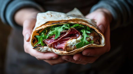A close-up view of hands holding a freshly made piadina filled with greens and meat, showcasing the rustic charm of Italian cuisine and the art of food preparation.の素材