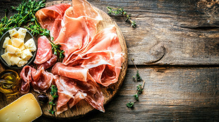 A beautiful arrangement of prosciutto, cheese, and herbs on a rustic wooden board, ideal for gourmet dining or casual appetizers at any gathering.の素材