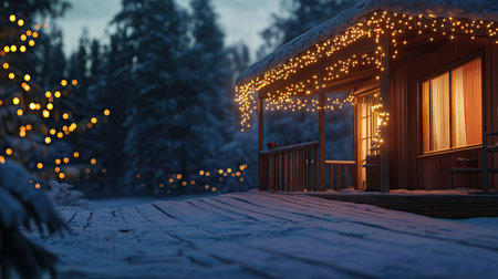 A cozy wooden cabin adorned with soft golden lights, set in a tranquil winter landscape. Snow gently blankets the ground, enhancing the festive charm.の素材