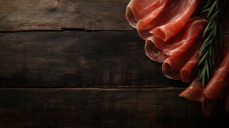 Discover thin slices of Serrano ham artfully arranged on a rustic wooden backdrop, perfect for gourmet dishes or elegant appetizers.の素材