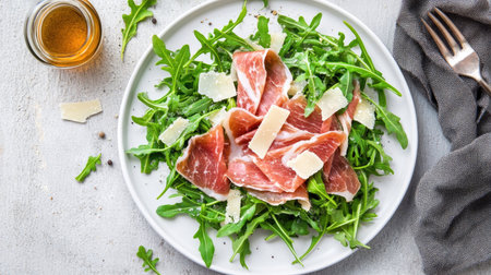 A visually appealing plate of thin slices of prosciutto served on a bed of fresh arugula, topped with delicate cheese shavings. Perfect for gourmet dining.の素材