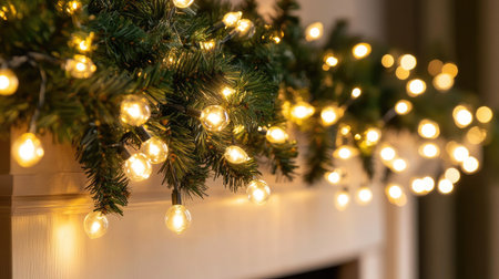 A beautiful display of warm white Christmas lights illuminating a festive garland, perfect for creating a cozy atmosphere during the holiday season.の素材
