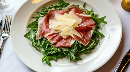 Indulge in thin slices of prosciutto di Parma beautifully arranged on a bed of fresh arugula, topped with cheese. A delightful appetizer for any gourmet meal.の素材