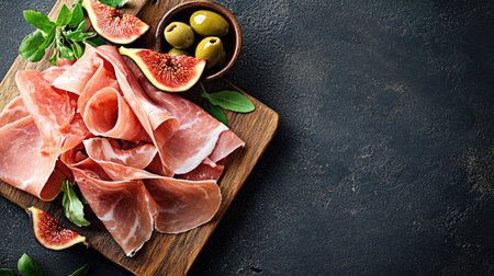 A beautiful arrangement of thin slices of prosciutto on a rustic wooden board, complemented by fresh herbs, olives, and figs, perfect for gourmet presentations.の素材